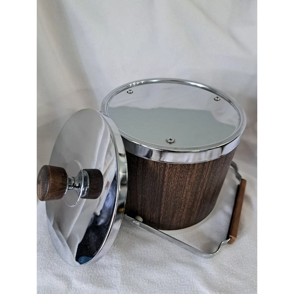 Vintage Atapco USA Faux Wood Grain Ice Bucket Chrome Lid Barware Mid Century Mod
